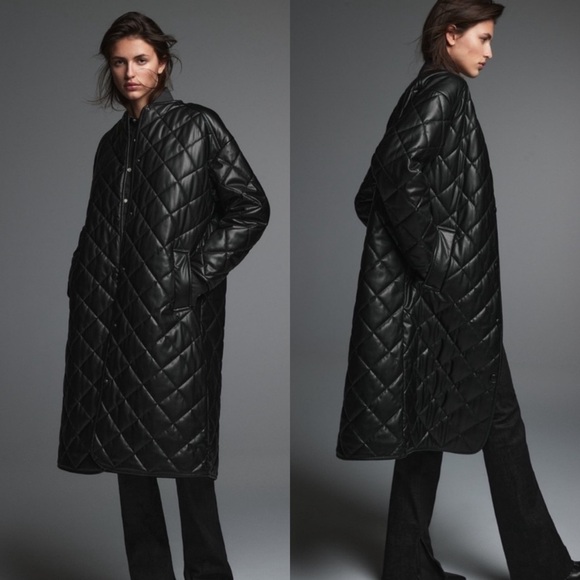 ZARA Quilted Faux Leather Longline Jacket Size XS - Picture 4 of 15